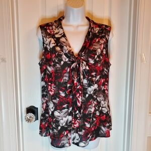 Tahari ASL Whimsygoth Dark Floral Sleeveless Bow Neck Button Top Sz M